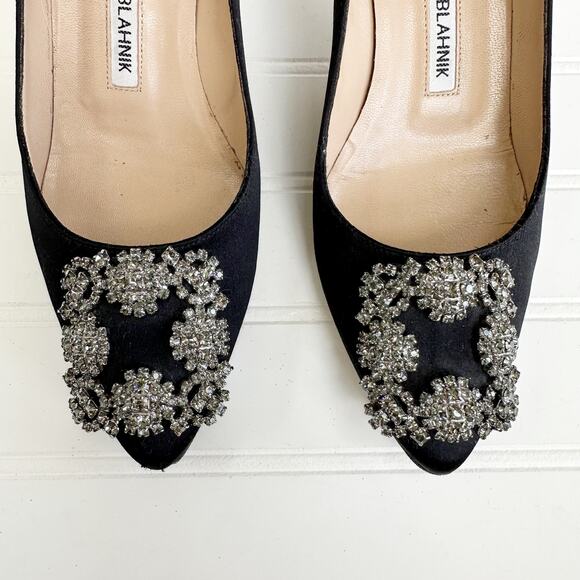 Manolo Blahnik Hangisi Black Satin Crystal Buckle Pumps Embellished Heels 36 - Picture 4 of 7